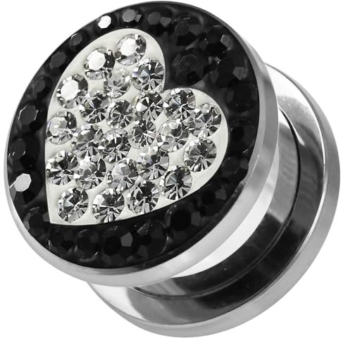 AZARIO LONDON Piercing-Tunnel, Herzform, mit schwarzen Kristallsteinen auf 316L Chirurgenstahl, Ohrmessgerät, Flesh Tunnel, Körperschmuck, 10 mm, Kristall-Edelsteine, Kristall