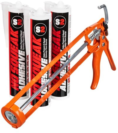 S2 No Squeak Adhesive Prevents & Repairs Squeaky Floor Boards High Performance Hybrid Technology Grey 3 Tubes x 290ml & Applicator Gun