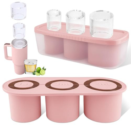 WUJUN Ice Cube Tray for Stanley Cup 20-30Oz Tumbler Cup, Silicone Ice Cube Moulds with Lid and Bin for Chilling Cocktails, Whiskey, Drinks, Coffee, Easy Fill and Release Ice Make (Pink, 30 oz)
