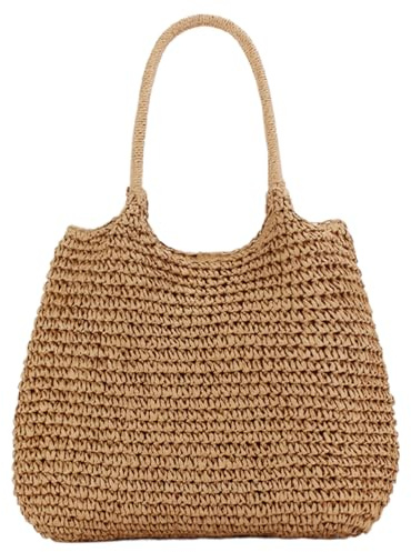 Baobiutin Bolso de paja Bolsa de playa de paja, 15.8x14.2 Bolsa de paja tejida de gran capacidad, bolso de paja de mano/hombro, bolsas de paja retro para mujeres, viajes