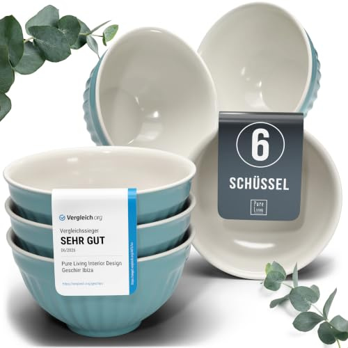 Steingut Müslischalen 6 Personen Hygge TESTSIEGER, Traumhaftes Skandinavisches Steingut Müsli Schüssel Set, Kleine Schüssel, Müslischale - Pure Living in Petrol