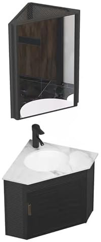 Eckwaschbecken Mit Unterschrank, Wandmontiertes Keramikwaschbecken, Badezimmerschrank Mit Wasserhahn und Abfluss, Badmöbel Set für Kleine Bäder(38cm)
