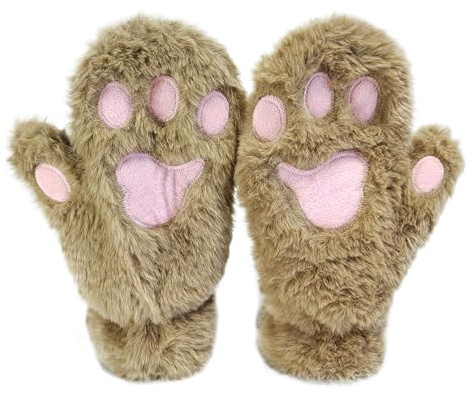 AffeGifts Katttasshandskar, plyschhandskar vantar söta helfingerhandskar varma vinterhandskar katt cosplay handskar för kvinnor damer och tonårsflickor, Brun, 8.6*3.9 in