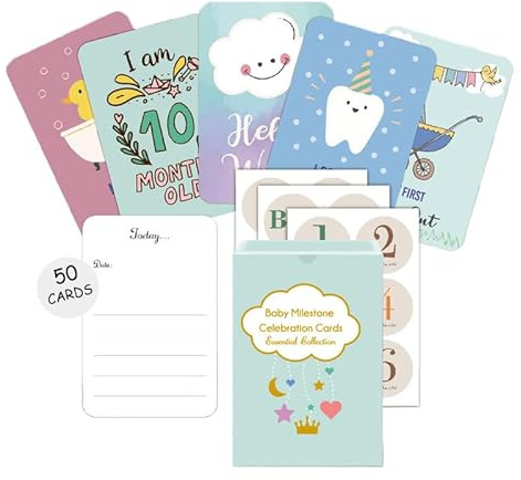 HAGOT 50 Pcs Tarjetas de Hitos Mensuales para Bebés, Mensuales para Bebés para Seguir los Hitos más Especiales, Tarjetas Bonitas Cumple mes Bebe, Regalo Perpercto Recién Nacido