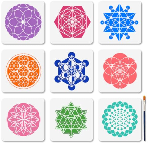 MAYJOYDIY 9 Stück Blumenschablonen Mit Heiliger Geometrie 15 × 15cm Kreis Stern Polygon Wiederverwendbare Schablonen Dreieck Mandala Blumen Zeichenvorlagen Mit Pinsel Für Holz Möbel Wände Leinwand