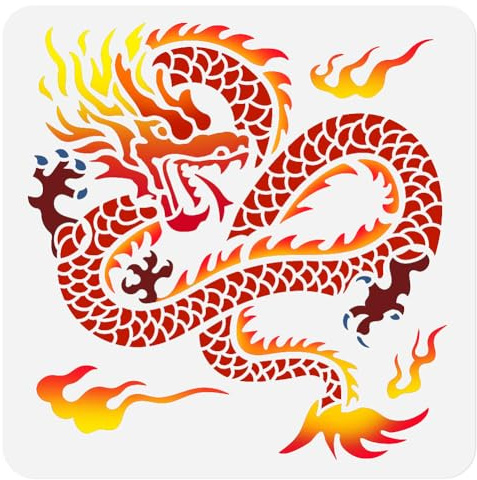 Chinesische Drachenschablone Malen 30 x 30cm Wiederverwendbare Schablone Aus Kunststoff Drachen Glückverheißenden Wolken Zeichenvorlage DIY Bastelfarbe Vorlage Wand Home Holz Brennendes Journal