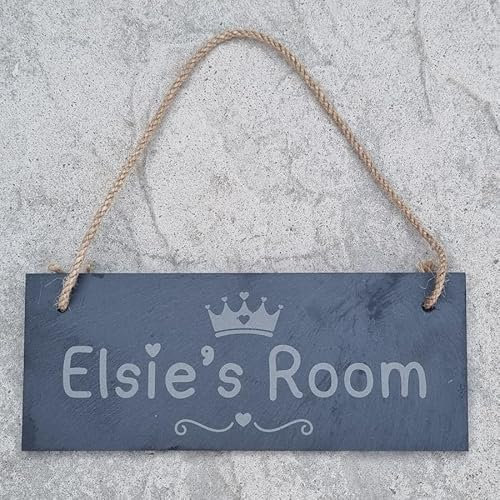 Personalised Slate Door Sign for girls bedroom, Grey, 25 cm x 10 cm, Hanging Room Name Plaque