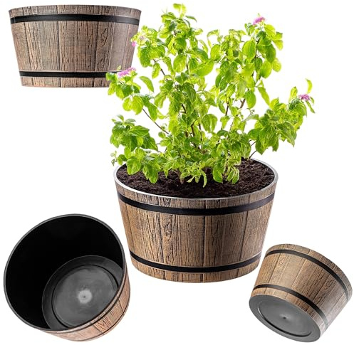 KADAX Pflanztopf im Holzfass-Design, ø 40cm, ca. 25L, aus wetterfestem Kunststoff, für Garten, Terrasse & Balkon, dekorativer Blumentopf, Blumenkübel oder Übertopf, Mokkabraun, Teich mit Wassereimer