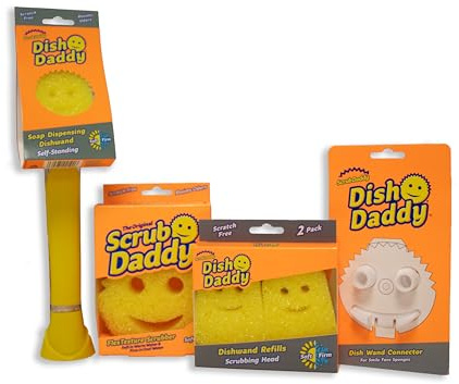 Scrub Daddy Dish Daddy Wand, påfyllningshuvuden, svamp & anslutningshuvud, tvåldispensering diskborste, texturändrande tvättsvamp med flytande handtag, inbyggt skrap- och skrubbhuvud - gul