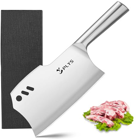 Plys 7.2 Inch Dual-Edge Meat Cleaver Knife, Heavy Duty Bone Chopper Butcher Knife with Full-Steel Ergonomic Handle, Chopping Bones, Slicing Meat & Vegetables