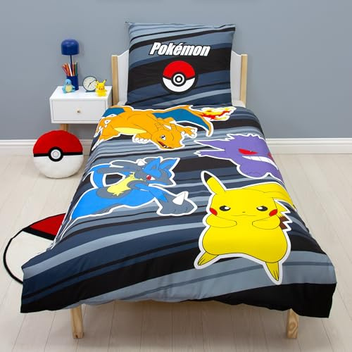 Familando – Pokémon Bettwäsche Set (2-teilig) – Decken- & Kissenbezug 135x200 cm & 80x80 cm mit Reißverschluss – Pikachu, Glurak, Gengar & Lucario – Öko-TEX Zertifiziert