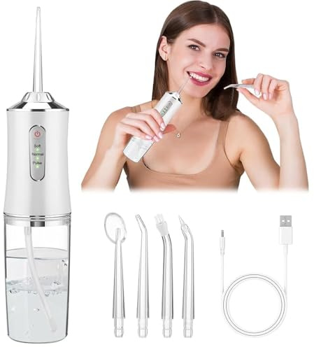 Munddusche Kabellos, Water Flosser Elektrische mit 3 Modi & 4 Düsen, Munddusche Testsieger 2025, USB Wiederaufladbare Zahnzwischenraumreiniger IPX7 Wasserdicht