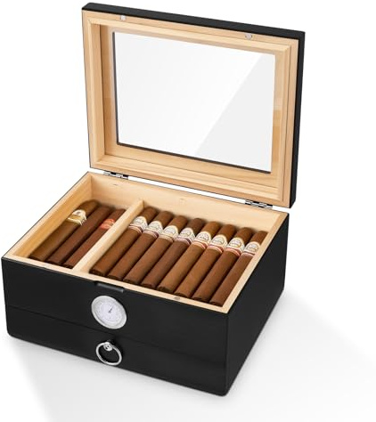 Zigarren Humidor, Spanische Zeder Hölzerne Zigarrenbox, Glas Top Desktop Humidor Box, Zigarren Geschenke für Männer, Zedernholz Zigarrenkoffer mit Digital Hygrometer und Zigarren Zubehör Schublade