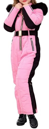 LOSVIP Combinaison de ski thermique pour enfant, garçon et fille, avec capuche en fourrure, matelassée, chaude, avec poche zippée et ceinture, Rose, 11-12 ans