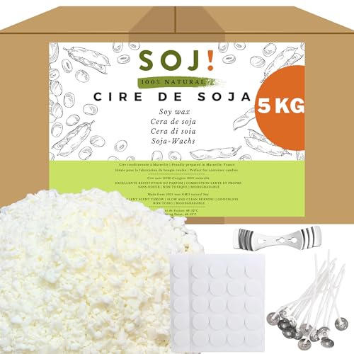 Soj – Cera de soja 5 kg para velas sin OGM 100% natural, E-BOOK+50 mechas de regalo. Fabricación de velas fundidas, cera velas, cera de vela, envasado en Francia (5 kg escamas)
