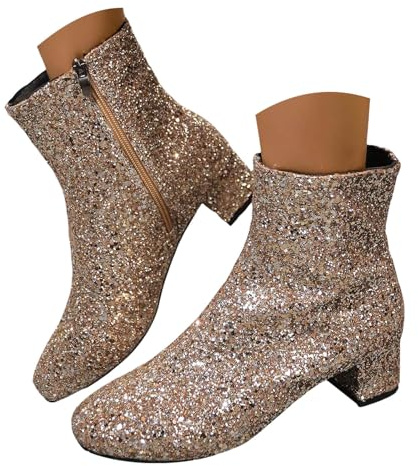EQWIGKEIT Zapatos con purpurina para mujer, botines clásicos, botas de invierno cómodas, ligeras, elegantes, cortas, con tacón, tacón de bloque, B15 Gold, 37 EU