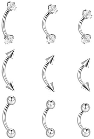 Rook Jewelry - Piercing per sopracciglio in titanio, 9 pezzi, in acciaio chirurgico dorato, argento, con zirconia cubica, per labbro, labbro, daith, ombelico, elice, trago, 16 g, Small, Acciaio