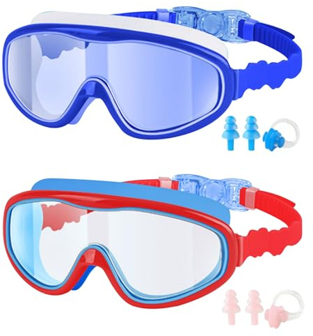 HTTDSLF Occhialini Nuoto Bambini con Anti-Appannamento, Vista Ampia, Regolazione a Pulsante, Occhialini Piscina Unisex per 3-15 Anni, con Clip Nasale + Tappo Auricolare (Rosso & Blu)