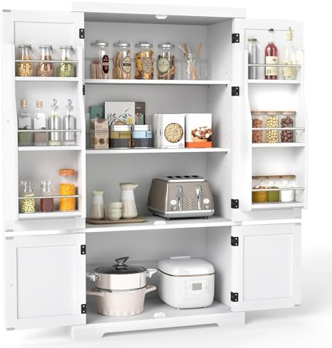COSTWAY Küchenschrank hoch, 139 cm Vorratsschrank mit 5-Fach verstellbaren Regalen & 4 Türen, freistehender Buffetschrank aus Holz, Aufbewahrungsschrank für Esszimmer, Wohnzimmer, Weiß