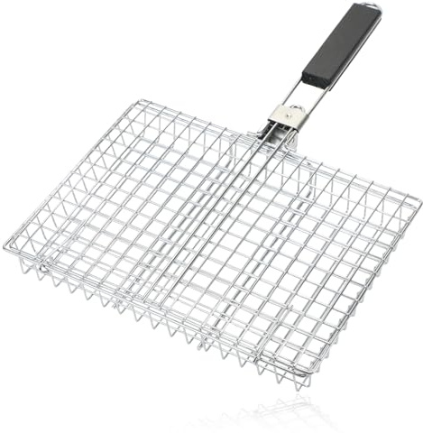 SPARES2GO Djup grillkorg med vikbart trähandtag rostfritt stål lock för kyckling fisk grönsaker och kött utomhus matlagning eldstad 3,3 cm kapacitet (33 mm)