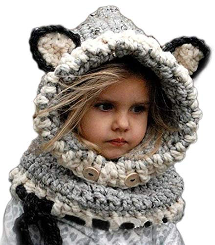 Winter Wolle Gestrickte Hüte Schals Kapuze Mönchskutte Beanie Mützen für Kinder Junge Baby Mädchen Schalmütze Mütze Wolleschal warme Earflap Fox Cap (Grau)