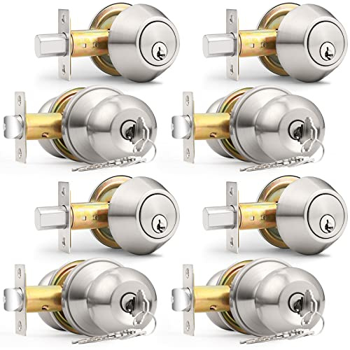 Probrico Door Knob and Deadbolt Set, Exterior Door Lock Set 4 Pack Enrty Door Locks with Single Cylinder Deadbolt with The Same Keys, Brushed Nickel Keyed Alike