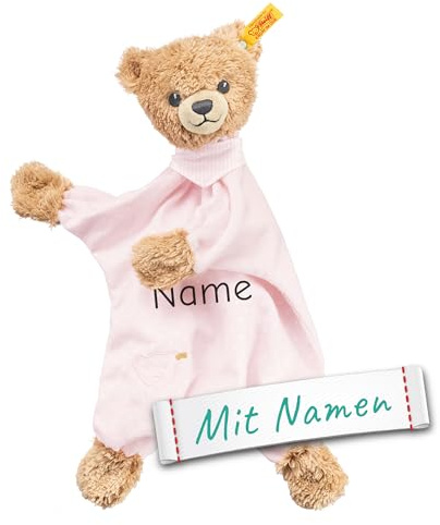 LALALO Steiff Schlaf Gut Bär Schmusetuch Bestickt mit Namen für Baby & Kinder personalisiert, Kuscheltuch, 30 cm, Mädchen (Rosa)