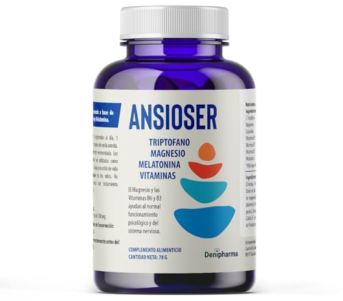 Ansioser - Triptófano con Magnesio 60 comp. - Con Melatonina, Espirulina, Vitaminas B3, B5 y B6 - Ansiolitico - Elimina la ansiedad y el estrés - 1 al día