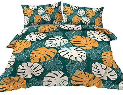 BlessLiving Monstera Deliciosa Leaves Bedding Orange Green Plants Duvet Cover Set 3 Pcs Tropical Floral Design Quilt Cover Single 1 Duvet Cover 2 Pillowcases