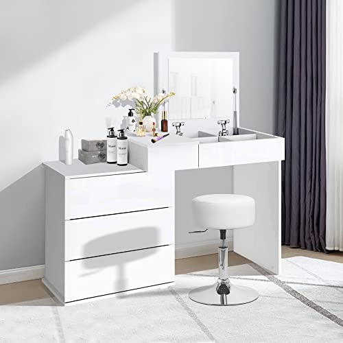 ML-Design Schminktisch mit Hocker und Spiegel, Frisiertisch mit 4 Schubladen und 4 Fächern, Weiß, 117,5x78x45 cm, modern, Kosmetiktisch für Damen & Mädchen, Schminkkommode Frisierkommode aus MDF Holz