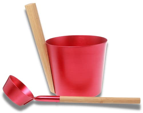 SULENO - Sauna Set ANEA Aufgusskübel 5 Liter Schöpfkelle Saunakübel Kübel Kelle (rot metallic)