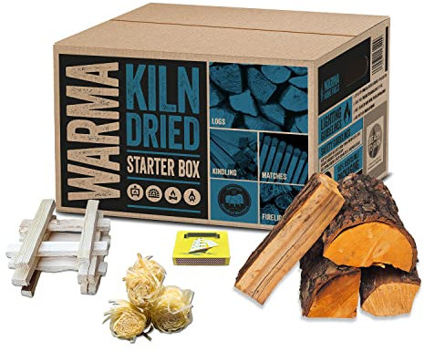 Warma Kiln Dried Starter Box Hardwood Firewood Logs Kindling Eco Wood Wool Firelighters & Matches - Ready to Burn & Easy to Use - Suitable for Stove Chimenea Pizza Oven Holiday & Camping Weekends