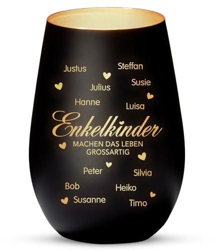 Love Faith personalisiertes Windlicht - Meine Enkelkinder - Schwarz/Gold | Stimmungsvolles Teelichtglas - Graviere Vornamen - Tolles Geschenk für Oma & Opa zu Geburtstag oder Muttertag