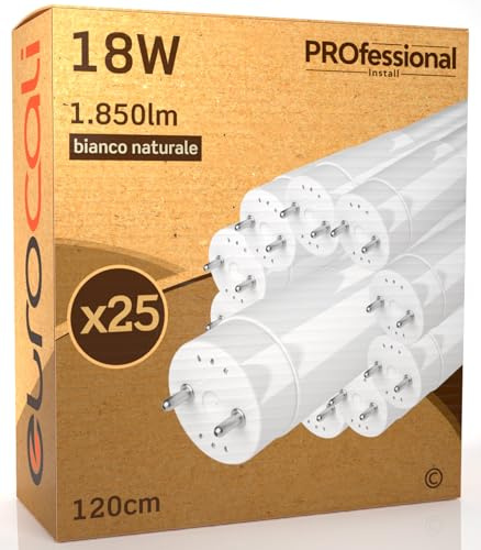 Eurocali 25 Tubi LED 18W 120cm T8 G13 con Starter 1850 Lumen Garanzia 6 Anni - Luce Naturale 4000K Alta Luminosità 102 lm/W - Materiale Nano Plastic Sostituzione Neon per Soffitto Officine Negozio