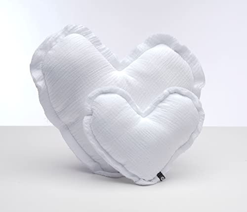 von Herzen Handmade Musselinkissen aus 100% Baumwolle Kuschelkissen I Dekokissen aus Musselin in Herzform I Herzkissen für Sofa & Bett I Handgenäht (Klein (Ø ca. 18cm), Weiß)