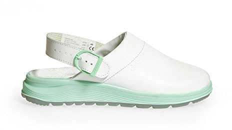 ABEBA 85081 - Unisex Schuhe - ACTIVE Clog SRC - Glattes Design - EU 41 - Weiß/ Grün - Futtermaterial: Stoff - Mit Schnallenverschluss