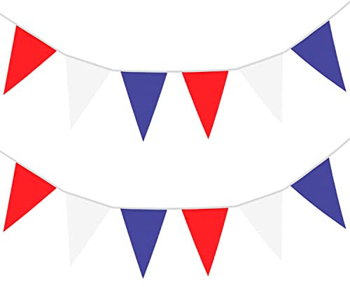 Trimming Shop 10 Metres Red Blue and White Color 20 Triangle Flags Pennant Banners, Polyester Bunting Banner for King Charles III Birthday Decoration, National Day, Special Event Celebration