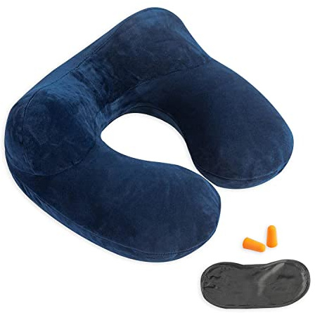 Inflatable Travel Pillow - 100% Soft Velvet Neck Support for Traveling, Airplanes, Trains, Cars, and Offices with Compact Carrying Bag, Breathable and Washable Cover, Ideal for Adult Sleepers (Blue)