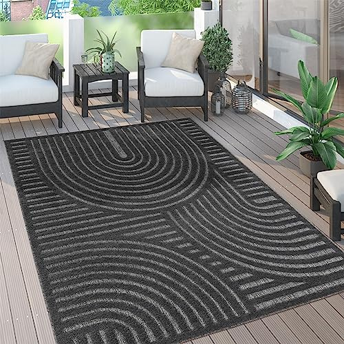 Paco Home Outdoor Teppich wetterfest & langlebig Moderne Boho-Designs mit 3D-Effekt Skandi-Look UV-beständig & robust für Balkon, Garten, Wohnzimmer & Küche, Grösse:60x100 cm, Farbe:Anthrazit 4
