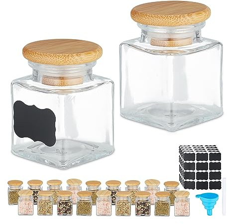 Relaxdays Barattoli Spezie, Set di 20 Vasetti in Vetro 50 ml, Contenitori con Coperchio in bambù, con Etichette e Imbuto, Trasparente Naturale