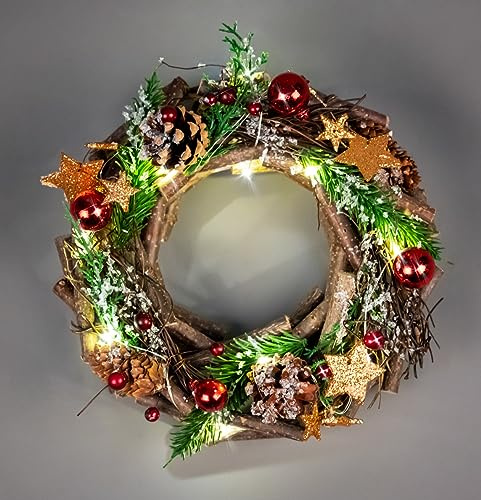 SHATCHI 22cm Prelit Wreath Battery Operated - Wooden Twigs Base Decorated with Red Baubles,Berries,Stars,Foliage,Pine Cones, Micro Rice LED Lights - Christmas Home Hanging Decoration