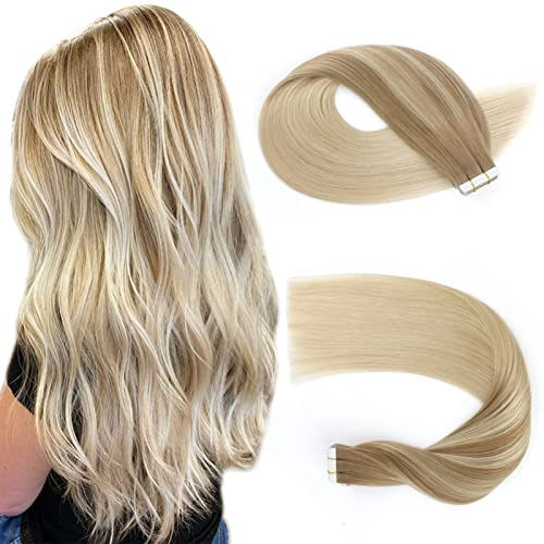 Sassina Tape in Extensions Echthaar Unsichtbare Wiederverwendbare Tape in Haarverlängerungen aus Menschenhaar Schmutzigblond Gemischt mit Bleichblond 35cm 20 Stück 50g #B8-60