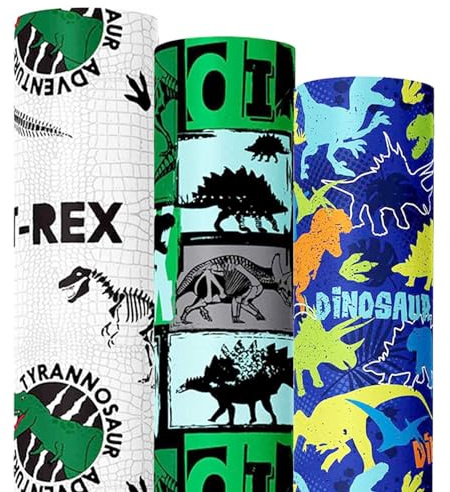 We Moment Zone 3 Rollen Dinosaurier Geschenkpapier Rollen,Dino Geschenkpapier Verpackungspapier für Geburtstag Kinder Happy Birthday Party-(43x300cm pro Rolle)