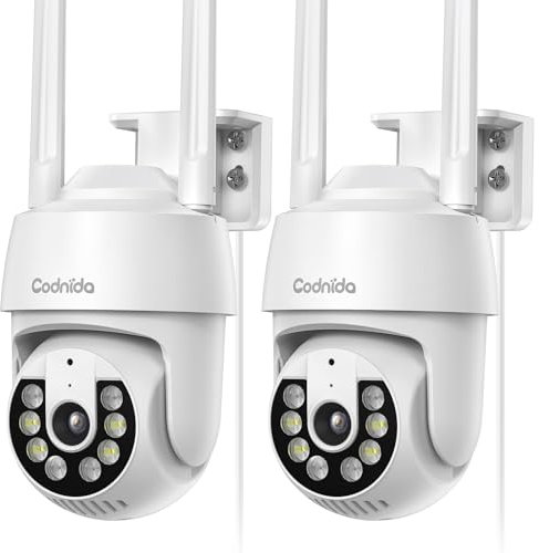 Codnida 2K Telecamera Wi-Fi Esterno/Interno Kit da 2, 360°PTZ Videocamera con 24/7 Recording, Tracciamento Automatico, PIR Rilevamento Umano, Allarme Sonoro e Luminoso, Supporto Scheda SD 128G