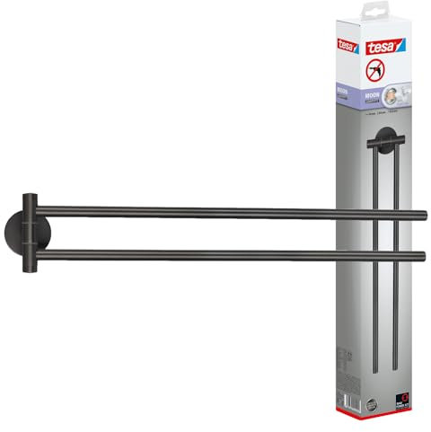 tesa Moon Graphite Handtuchhalter 2-armig in gebürstetem Grafit - Selbstklebende Handtuchstange aus PVD-beschichtetem Metall - ohne Bohren, inkl. Klebelösung - 50mm x 84mm x 456mm