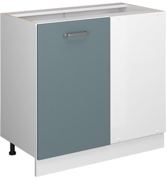 Vicco Eckunterschrank R-Line, Blau-Grau, 86 cm | Verbindet zwei Küchenseiten · Ohne Arbeitsplatte · Höhenverstellbare Füße · 1 Tür · Großer Innenraum ✓