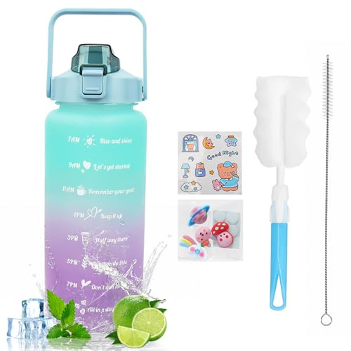 MOMSIV Botella de agua de 2 litros sin BPA, gran capacidad, a prueba de fugas, botella de agua deportiva con pajita marcadores de tiempo para beber y cerrar, jarra de agua Tritan, botella deportiva
