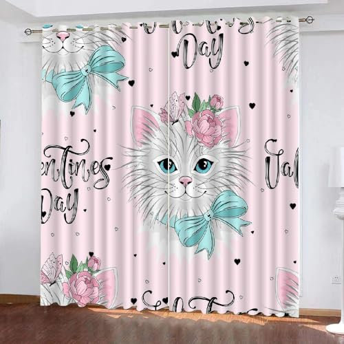 AASIRA Cartoon-Katze Vorhänge Blickdicht 2er Set 3D Rosa Tierisch Verdunkelung Vorhang mit ösen Polyester Schalldichte Kinder Gardinen für Wohnzimmer Schlafzimmer Balko（2 x B110 x H215 cm）