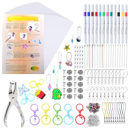 DWOOKE 403 Stück Schrumpffolie Set, einschließlich 20 Blättern Schrumpffolie, Kunstdruckpapier, Locher, Acrylmarker und Schlüsselanhänger-Zubehör für das kreative Basteln von Kindern