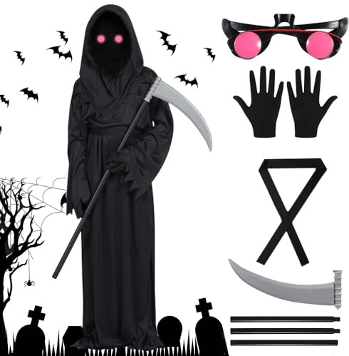 CLIUNT Costume de faucheuse pour enfants, ensemble de cosplay Halloween Grim Reaper, avec Faucille/Chaînes/Verres Lumineux, pour cosplay, décoration d'Halloween, fête à thème, Kids L (10-12 ans)